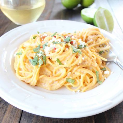 Mexican Corn Pasta with Chipotle Alfredo Sauce - WhitneyBond.com Corn Pasta, Mexican Corn, Cotija Cheese, Alfredo Sauce, Fresh Cilantro, Alfredo, Gluten Free Vegetarian, Cilantro, Corn