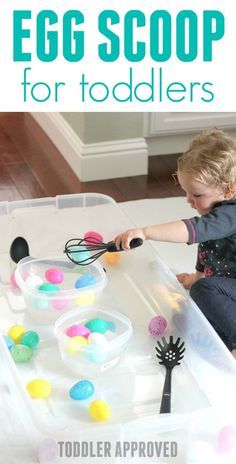 Egg Scoop Easter Activity for Toddlers- such an easy to set up activity using plastic eggs! Egg Carton Preschool Activities, Easter Egg Sensory Bin, Egg Theme Preschool, Plastic Egg Activities, Easter Sensory Bin, Easter Activities For Toddlers, Preschool Easter, Easter Crafts Preschool, Easter Crafts For Toddlers