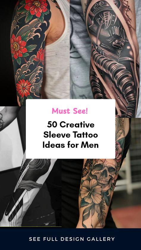 Looking for inspiration for your next tattoo? Check out these 50 imaginative sleeve tattoo ideas for men! From stunning Japanese designs to bold abstract blackwork, explore options that suit every personality and style. Discover unique biomechanical tattoos that showcase incredible detail or the perfect blend of skull and flowers for a touch of edginess. Each tattoo idea embodies creativity and individuality, allowing you to express your identity through your art. So, what's your next statement piece going to be? Mens Skull Tattoo, Japanese Full Sleeve Tattoo Design, Japanese Tattoo Art Sleeve, Mountains And Ocean Tattoo, Unique Half Sleeve Tattoos Men, Arm Sleeve Tattoo For Men, Irezumi Sleeve, Mens Full Sleeve Tattoo, Biomechanical Tattoos