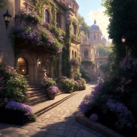 Library Cottage, Ethereal City, Magic Decor, Fantasy Settings, Fantasy Scenery, Fantasy Architecture, Dnd Campaign, Fantasy Ideas, City Flowers