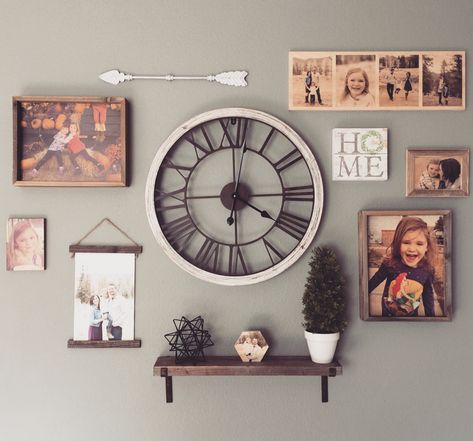 Gallery Wall Ideas With Clock, Large Collage Wall Living Room, Wall Decor With Clock And Pictures, Clock And Photo Wall Decor, Photo Wall Collage With Clock, Gallery Wall Ideas With Large Clock, Wall Clock Styling, Decorating Around A Clock On The Wall, Decor Around Clock On Wall