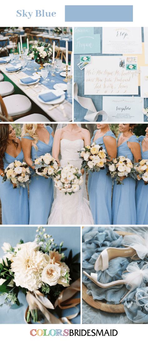 Fall Wedding Colors Palettes in Shades of Blue - Sky Blue Wedding. #colsbm #weddings #weddingideas #bridesmaids #bridesmaiddresses #bluewedding b1125 Sky Blue Wedding, Ice Blue Bridesmaid Dress, Sky Blue Weddings, Light Blue Bridesmaid, Mauve Bridesmaid, Sky Blue Bridesmaid Dresses, Mauve Bridesmaid Dress, Blue Wedding Decorations, Wedding Color Palettes