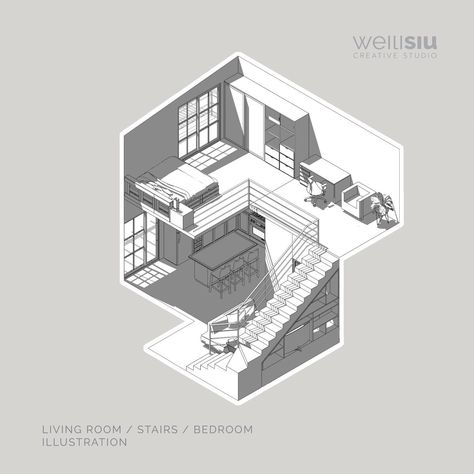 Isometric View Of Living Room, Room Axonometric, Axonometric Architecture, Interior Architecture Presentation, Stairs Bedroom, Living Room Stairs, Axonometric View, Interior Design Portfolio Layout, Axonometric Drawing