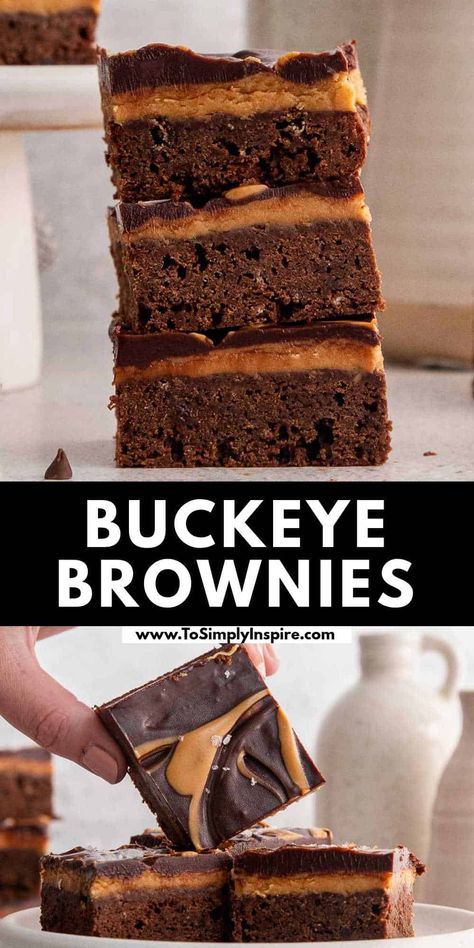 Decadent Buckeye brownies are made with a homemade brownie layer, peanut butter, and chocolate ganache layers. If you love peanut butter and chocolate buckeye balls as much as I do, you're going to want to make this brownie version of the classic candy! Buckeye Brownies Recipe, Chocolate Buckeyes, To Simply Inspire, Buckeye Balls, Buckeye Brownies, Homemade Brownie, Best Brownie Recipe, Peanut Butter And Chocolate, Classic Candy