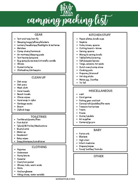 Camping Essentials Packing List {Free Printable} - So Festive! Girl Scout Camping Packing List, Packing List Free Printable, Summer Camp Packing List, Camp Stove Cooking, Summer Camp Packing, Camping Essentials List, Pack List, Camping With Toddlers, Dutch Oven Camping