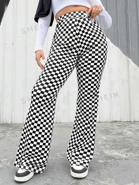 SHEIN Coolane Plus Size Full Print Checked Flare Pants | SHEIN USA Checkered Flare Pants, Checkered Pants, Plus Size Pants, White Casual, Flare Pants, Plus Clothing, Knitted Fabric, Plaid, Plus Size