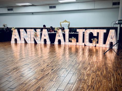 3.5ft tall light up letters w floral #light #letters #quinceañera #xvaños #partydecor #floral Quince Letter Lights, Quince Name Letters, Big Letters Decoration, Light Up Words, Quince Planning, New Years Wedding, Quinceanera Decorations, Quinceanera Ideas, Letter Decor