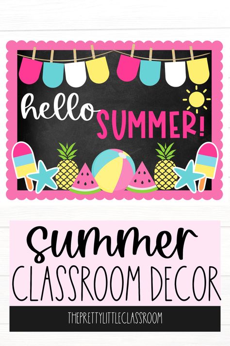 Take a simple approach to decorating your classroom in the last couple of months before summer with this Hello Summer Bulletin Board Kit. Happy Shopping! #classroomdecor #bulletinboard #summerclassroom #theprettylittleclassroom Summer Themed Crafts, Graduation Bulletin Board, Summer Bulletin Board, Summer Door Decorations, Bulletin Boards Theme, Summer Plan, Summer Camp Themes, Summer Bulletin Boards, Cute Bulletin Boards