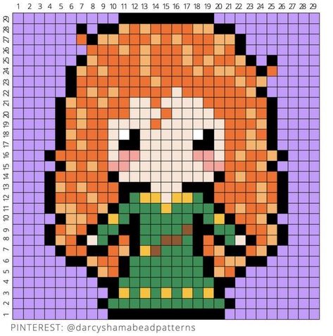 Merida Perler Beads, Pixel Art Pattern Princess, Pixel Art Pattern Disney Princesses, Disney Princess Pixel Art Grid, Pixel Drawing Disney, Pixel Disney Art, Disney Princess Perler Beads, Pixel Art Pattern Disney, Disney Princess Pixel Art