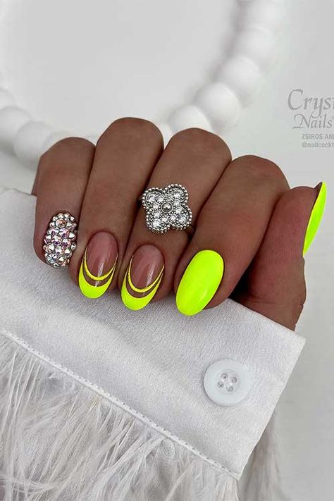 Short Neon Yellow Nails with French Tip Accent Nails and Silver Rhinestones on the Pinky Nail White And Neon Nails, Nails With French Tip, Pinky Nail, Orange Ombre Nails, Neon Orange Nails, Neon Yellow Nails, Neon Pink Nails, Neon Nail Designs, Neon Green Nails