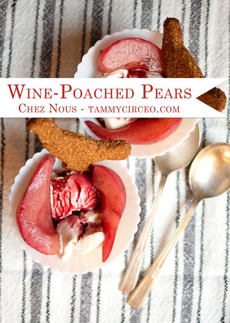 This Jacques Pépin original is simple and elegant. It is also easily adjustable for as many guests as you are serving. Tried and true! Red Wine Poached Pears, Pears In Red Wine, Pear Ice Cream, Poached Pears Recipe, Wine Poached Pears, Spiced Wine, Red Wine Sauce, Festive Desserts, Poached Pears