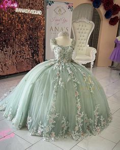 Sage 15 Theme, Sage And Pink Quince Dress, Dusty Green Quinceanera Dresses, Quince Fairy Dress, Sage Dress Quinceanera, Green Dresses For Quinceanera, 15 Dresses Quinceanera Sage Green, Green Sage Quince Dress, Pretty Green Quinceanera Dresses