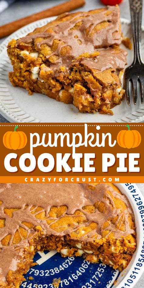 A simple pumpkin recipe for your Thanksgiving dessert ideas! Baked in a pie plate with or without a crust, this giant pumpkin cookie is delicious. Put this easy pumpkin cookie pie on your sweet treats to make for Thanksgiving! Fun Pumpkin Pie Recipes, Fall Deserts Recipe, Pumpkin Pie Dessert Pizza, Pumpkin Pie With Cookie Crust, Pumpkin Pie Nobake, Smookie Cookie Pie, Pumpkin Desserts Easy, Autumn Pies, Pie Crust Ideas