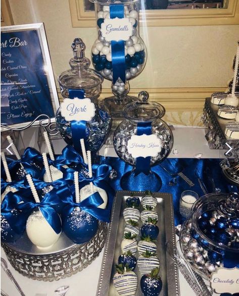 Blue Silver And White Wedding, 15 Party Ideas Quinceanera, Silver And White Wedding, Diamonds And Denim Party, Royal Blue Wedding Theme, White Wedding Party, Blue Sweet 16, Sweet 15 Party Ideas, Blue Wedding Decorations