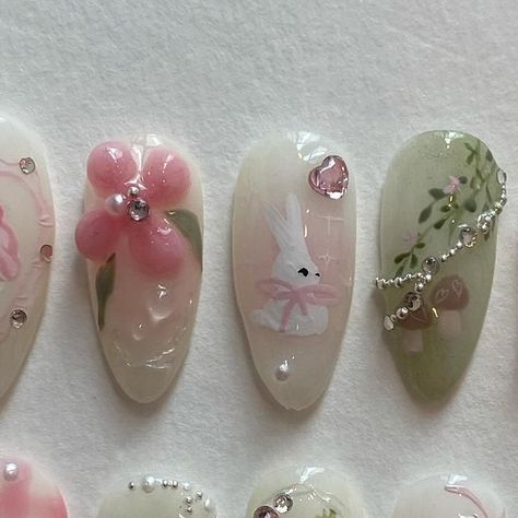 press on nails • nail design art on Instagram: "custom set ; garden bunny" Bunny Design Nails, Snow Bunny Nails, Bunny On Nails, Bunny Nails Designs, Cute Bunny Nails, Bunny Acrylic Nails, Bunny Nail Design, Bunny Nail Art, Garden Nails