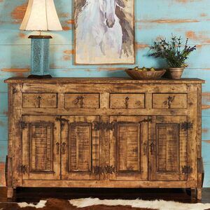 Western Bedding Sets, Rustic Cabinet, Western Bedding, Black Forest Decor, Rustic Cabinets, Wood Buffet, Ponderosa Pine, Western Furniture, Kitchen Window Treatments