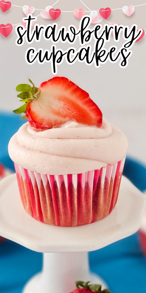 Strawberry cupcakes on a white plate. Strawberry Cupcakes With Cake Mix Boxes, Strawberry Cupcake Recipe, Strawberry Cupcake Recipe Using Cake Mix, Lemon Strawberry Cupcakes From Box Cake, Strawberry Doctored Box Cake, Strawberry Muffin Recipes With Frozen Strawberries, Strawberry Cake Mix Recipes, Strawberry Cupcake Recipes, Best Easy Dessert Recipes