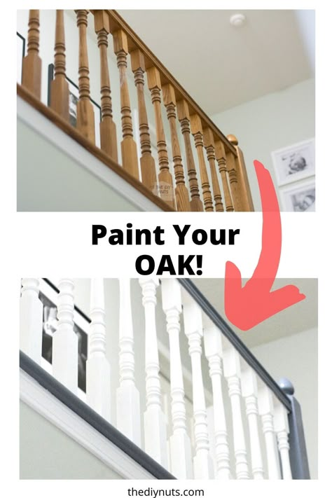 Paint Stairway Railing, Stairway Makeover Diy, Banisters And Railings Makeover Paint, Painted Wood Railing Stairways, Steel Headboard Ideas, Painting Bannister Ideas, Stair Railing Before And After, How To Refinish Stair Banister, Refinish Oak Stair Railing