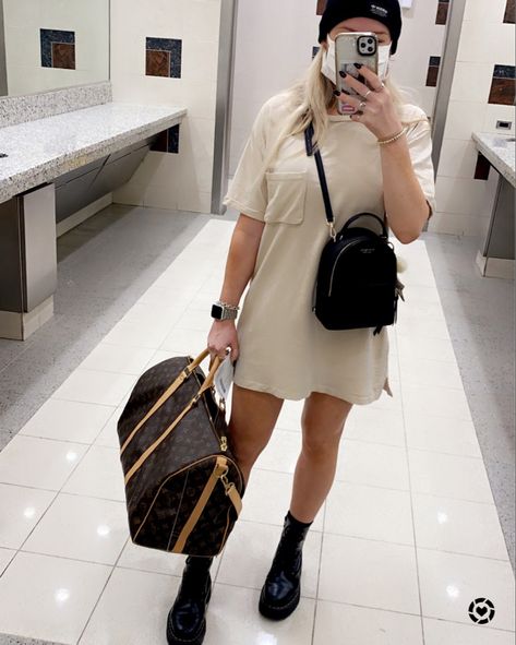 Beige tshirt dress and black combat boots with louis vuitton keepall duffle bag & black beanie. Kate spade mini backpack. Keepall 50. Airport fashion. Kate Spade Mini Backpack, Beige Tshirt, Fall Travel Outfit, Black Combat Boots, Louis Vuitton Keepall, Black Beanie, Fall Travel, Airport Fashion, Bear T Shirt