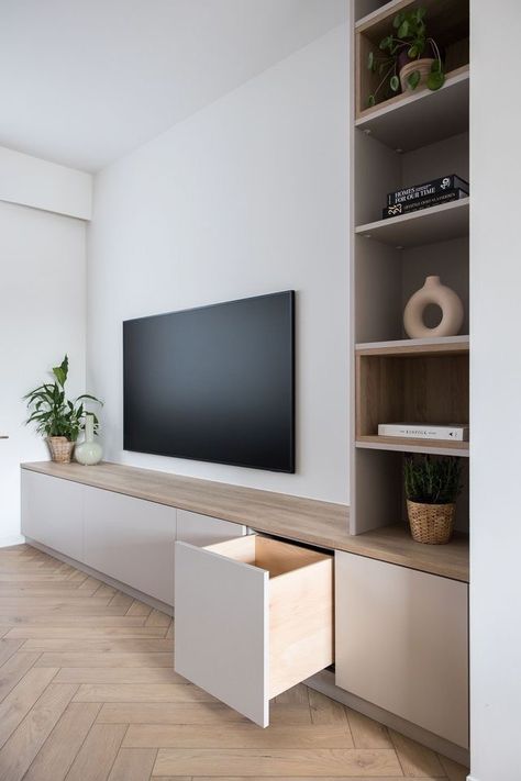 Tv Unit Storage Ideas, Tv Wall Design 2024, Ikea Tv Unit Ideas, Built In Entertainment Unit, Built In Shelves Living Room, Living Room Built Ins, Apartment Living Room Design, Living Room Design Inspiration, Home Design Living Room