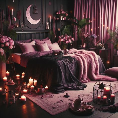 Pastel Goth Bedroom Aesthetic, Pink Gothic Bedroom, Pink Witch Bedroom, Bat Bedroom, Vampy Bedroom, Pink And Black Bedroom Aesthetic, Pink Gothic Aesthetic, Alien Interior, Cozy Witchy Bedroom