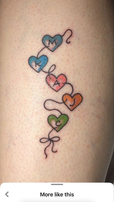 Tattoo For Grandkids Ideas, Heart Strings Tattoo, 5 Hearts Tattoo Family, Tattoos For Grandkids, String Of Hearts Tattoo, Grandchild Tattoo Ideas, Tattoos For Grandchildren, Grandchildren Tattoo Ideas Grandmothers, Grandchildren Tattoo Ideas