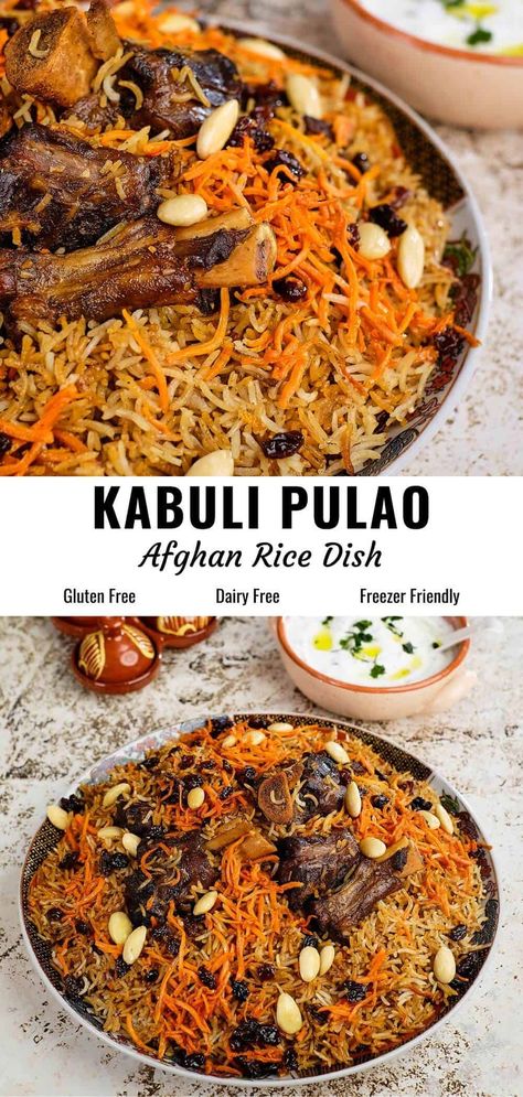 Kabuli Pulao is a much celebrated dish of Afghanistan, known for its fragrant, fluffy rice cooked in a rich broth infused with aromatic spices, browned onions, and a touch of caramelized sugar. Topped with sautéed carrots, almonds, and raisins, this lamb and rice dish is a mouthwatering blend of savory, salty, umami, and sweet flavors, making it festive. Recipe includes vegetarian options. #kabulipulao #afghanrice #ricerecipe Afghan Rice, Afghan Recipes, Afghanistan Food, Yakhni Pulao, Caramelized Carrots, Afghan Food, Afghan Food Recipes, Middle East Recipes, Pulao Recipe