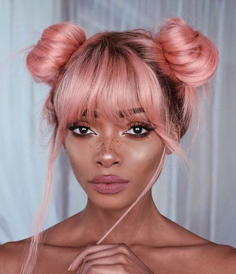 Pastel Pink Hair - wig hairstyle with a double top knot and bangs Pastel Pink Hair, Short Hairstyle, Pastel Hair, Beauty Stuff, Hair Envy, Grunge Hair, Hair And Makeup, Black People, Pretty Hairstyles