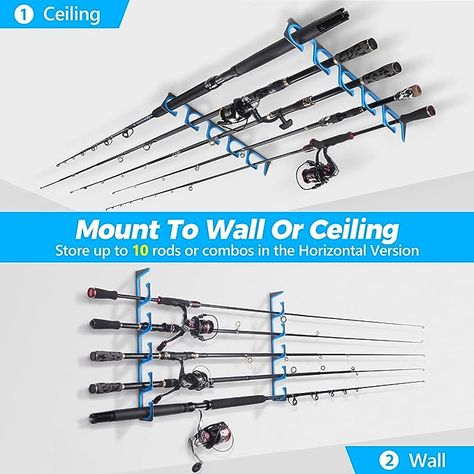 Fishing pole holder can mounts on the ceiling or wall of your garage, home, cabin, boathouse or shed. The big diamete designed allows you to store up to 10 all kinds of rods or combos in the market, and part of nets! Storing Fishing Poles In Garage, Fishing Pole Storage, Fishing Pole Holder, Fishing Rod Accessories, Fishing Rod Rack, Rod Rack, Woodworking Project Plans, Toddler Car Seat, Storage Racks