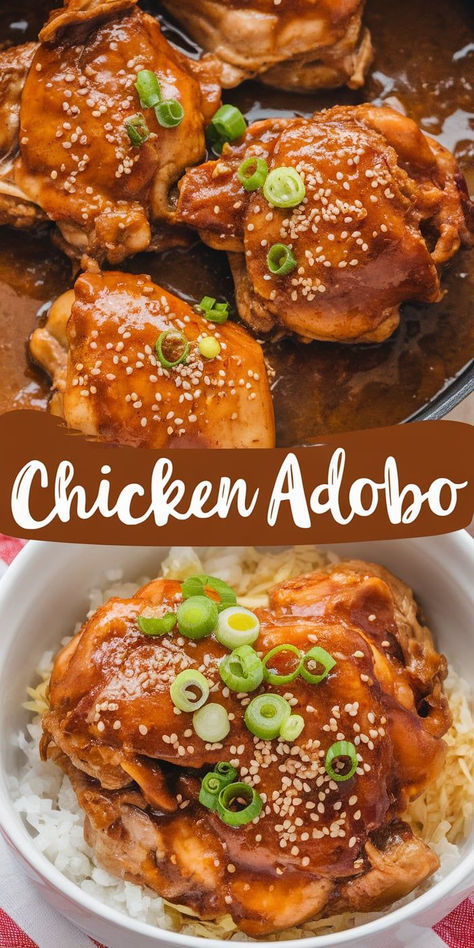 Craving a flavorful dish? Try Chicken Adobo! A traditional Filipino recipe with tender, flavorful chicken simmered in a savory and tangy soy-vinegar sauce—perfect over rice. Easy Chicken Adobo Filipino, Adobo Chicken Filipino, Chicken Adobo Filipino, Chicken Adobo Recipe, Filipino Chicken Adobo, Vinegar Sauce, Filipino Recipe, Filipino Dish, Chicken Adobo