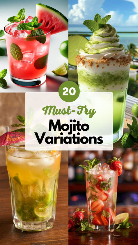 Mojito Flavors and Variations Types Of Mojitos, Mojito Garnish Ideas, Flavored Mojito Recipe, Mojito Bar Drink Stations, Mojito Variations, Mojito Flavors, Mojitos Recipe, Mango Mojito Recipe, Mojito Drinks