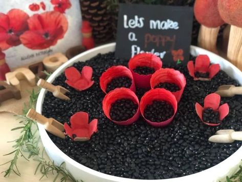 Poppy Activities For Toddlers, Poppy Day Activities Eyfs, Flower Sensory Bin, Flower Sensory, Memorial Day Poppies, Infant Room Daycare, Remembrance Day Activities, Fall Activities For Toddlers, Earth Science Activities