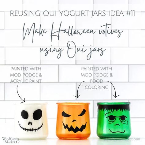 spice Halloween Crafts With Glass Jars, Reuse Oui Yogurt Jars, Halloween Oui Jars, Oui Yogurt Jars Ideas Halloween, Oui Yogurt Jars Ideas Diy Plants, Oui Jar Ideas, Yogurt Jars Crafts Oui, Crafts With Oui Yogurt Jars, Oui Jars Repurpose