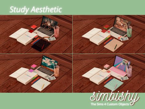 The Sims Resource - Study Aesthetic (Laptop, Phone, Books, Stationery, Drink) Study Aesthetic Laptop, The Sims Resource Objects, Sims 4 Cc Clutter, Study Items, Studying Hard, Aesthetic Laptop, Sims 4 Clutter, Free Sims 4, Phone Books