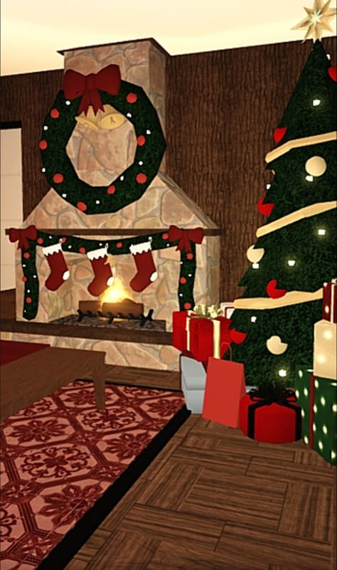 Bloxburg Christmas Living Room, Bloxburg Cabin, Grotto Ideas, Bloxburg Christmas, Santas Grotto, Blocksburg Room Ideas￼, Bloxburg Houses, Christmas Apartment, Cabin Christmas