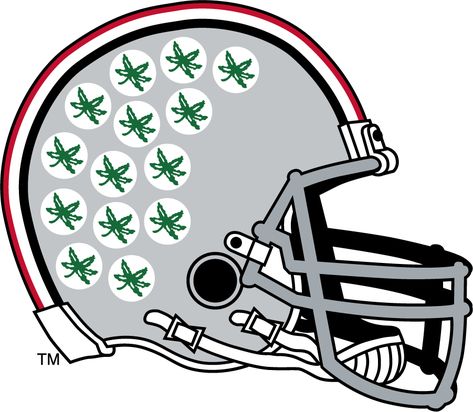 Ohio State Buckeyes Helmet Helmet (1968-Pres) - Right-facing gray football helmet with multiple Buckeye Leaf decals, gray facemask, and scarlet/white/black stripes. SportsLogos.Net Ohio State Football Helmet, Brutus The Buckeye, Alumni Shirts, Ohio State Logo, Brutus Buckeye, Buckeye Nation, Ohio State Buckeyes Football, Helmet Logo, Buckeyes Football