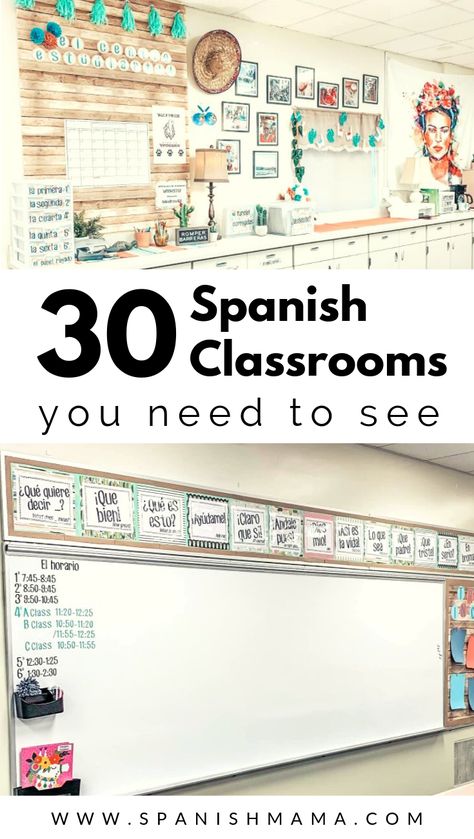 Get a look into Spanish classrooms from all over and see how ordinary teachers are setting up and organizing their rooms. Language Classroom Decor, Bilingual Classroom Decor, Spanish Teacher Classroom, Kids Classroom Decor, Spanish Classroom Decor, World Language Classroom, Spanish Classroom Activities, World Language, Middle School Spanish