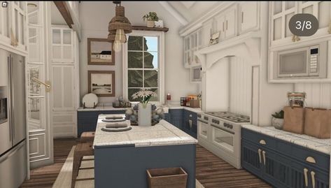 bloxburg kitchen ideas Layouts For Bloxburg Houses, Bloxburg Old Money Kitchen, Bloxburg Inspo Realistic, Blue Bloxburg Kitchen, Modern Fall House Bloxburg, Traditional Bloxburg House Ideas, Bloxburg Hall Ways Ideas, Suburban Kitchen Ideas, Bloxburg Mediterranean Kitchen