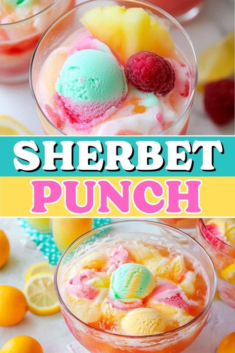 This sherbet punch will be the hit of any party! All you need is rainbow sherbet, pineapple juice, and lemon-lime soda to create this tasty treat. Punch Recipes Non Alcoholic Sherbet, Punch With Sherbet Recipes, Punch For Party, Light Refreshment Ideas, Care Bear Party Food, Punch Recipes With Sherbet, Sugar Free Punch Recipes, Church Punch Recipe, Birthday Punch Recipes