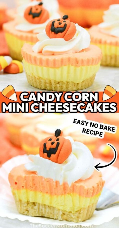 These adorable Candy Corn Mini Cheesecakes are the perfect sweet treat for a Halloween party! These adorable mini cheesecakes are layered to look like festive candy corn – with yellow, orange, and white layers. Not only are they cute, but they are easy to make too, with no baking needed! All you do is mix, layer, and chill! No Bake Candy Corn Cheesecake, Candy Corn Cheesecake, Corn Cheesecake, Candy Corn Recipe, No Bake Recipe, Chocolate Frosting Recipes, Corn Cakes, Easy No Bake, Easy Cheesecake