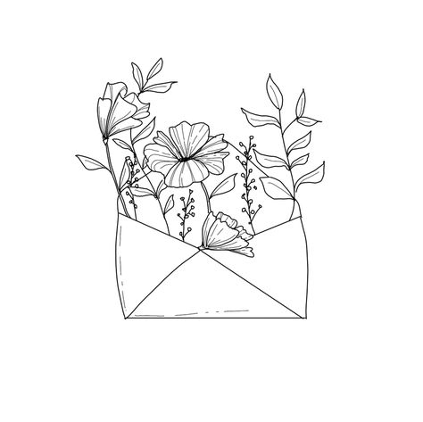 Grow where you are planted. Get floral prints here. Floral art. Floral drawing. Black and white floral art. Flowers in an envelope. Elegant floral drawings. Floral Envelope Drawing, Envelope With Flowers Tattoo, Flower Envelope Drawing, Floral Arrangement Drawing, Envelope With Flowers Drawing, Line Art Drawings Plants, Grow Where You Are Planted, Flower Growing Drawing, Cute Envelope Drawings