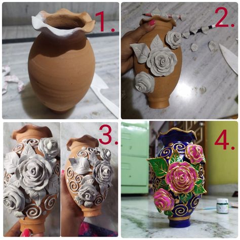 Diy hand painted 3d rose flower decoration. Hand painted pot. Diy beautiful flower vase ( home decor). Pot Decoration Ideas, Beautiful Flower Vase, Seal Craft, Clay Moulding, Pot Decoration, A Beautiful Flower, Flower Diy, Cute Couple Drawings, Flower Diy Crafts