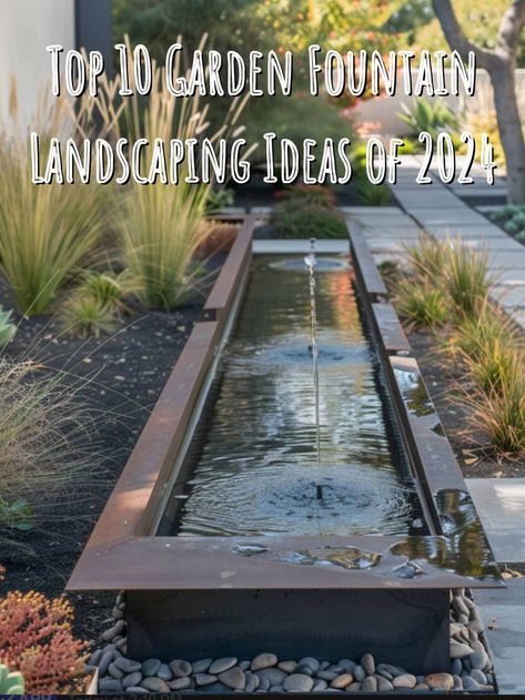 Modern garden fountain with stylish landscaping, showcasing the top landscaping ideas for garden fountains in 2024. Front Yard Landscaping Water Feature, Fountain Design Modern, Fountain Landscaping Ideas, Landscaping Water Feature, Fountain Ideas, Outdoor Fountains, Home Gardens, Tabletop Fountain, Indoor Fountain