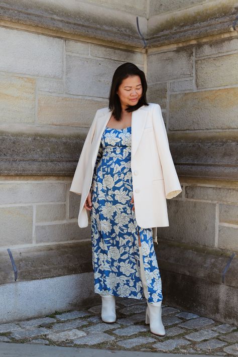 Blue Floral, Maxi Dress, Blue Floral Maxi Dress, Spring Dress, White Blazer, White Jacket, White Boots, Knee High Boots, Zara dress, Asian mom, Asian style blogger, Princeton Bridal Accessories Earrings, Maxi Dress Spring, Trench Outfit, Outfit Grey, Blue Flower Dress, Blue Floral Maxi Dress, Blue Floral Midi Dress, Rose Girl, Blazer White