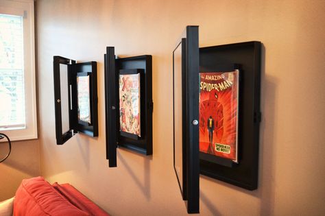 Framed Comic Books, Display Comic Books On Wall, Display Comic Books, Comic Book Wall Display, Comic Book Box Storage, Merch Display, Comic Display, Comic Book Room, Comic Book Display