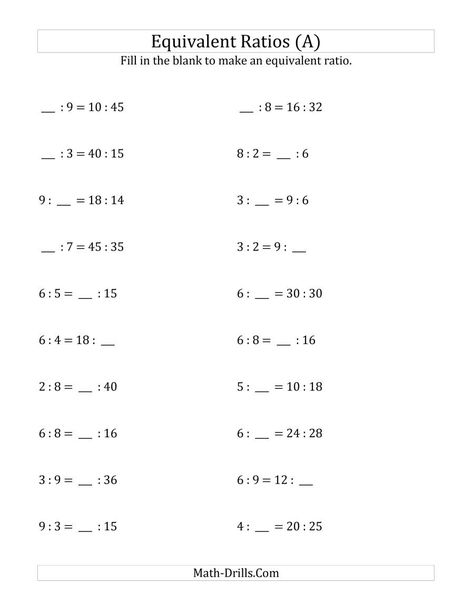 The Equivalent Ratios with Blanks (Old) Math Worksheet from the Fractions Worksheets Page at Math-Drills.com. Proportion Math, Ratio And Proportion, Ratio Tables, Equivalent Ratios, Proportions Worksheet, Solving Proportions, Math Fractions Worksheets, 6th Grade Worksheets, Ratios And Proportions