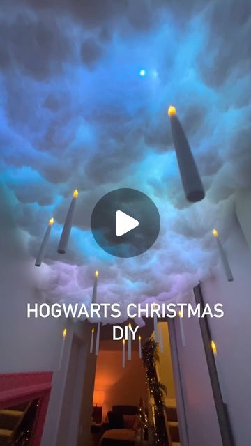 Danny Valimaki on Instagram: "Going a bit ham on the vibes this holiday. DIYed a Hogwarts floating candle hallway.  JMTONE Floating Candles with Wand, 20 PCs https://a.co/d/fIuWy2B" Christmas Movies Decorations, Diy Harry Potter Ceiling, Harry Potter Cloud Ceiling, Harry Potter Candles Floating, Harry Potter Room Diy, Hogwarts Floating Candles, Floating Candles Harry Potter, Harry Potter Hanging Candles, Harry Potter Ceiling