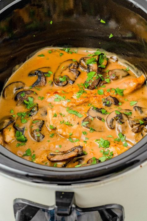 Slow Cooker Chicken Marsala – This classic comfort food recipe is complete with tender chicken breasts that are slow cooked with mushrooms and herbs in a flavorful creamy Marsala wine sauce! The rich sauce makes the perfect gravy served over rice or potatoes. Learn to make this restaurant quality dish at home in your Crock-Pot so that it's EASY enough for weeknight dinners! Slow Cooker Chicken Marsala, Averie Cooks, Marsala Chicken Recipes, Easy Slow Cooker Chicken, Marsala Wine, Family Friendly Dinners, Tender Chicken Breast, Chicken Marsala, Wine Sauce