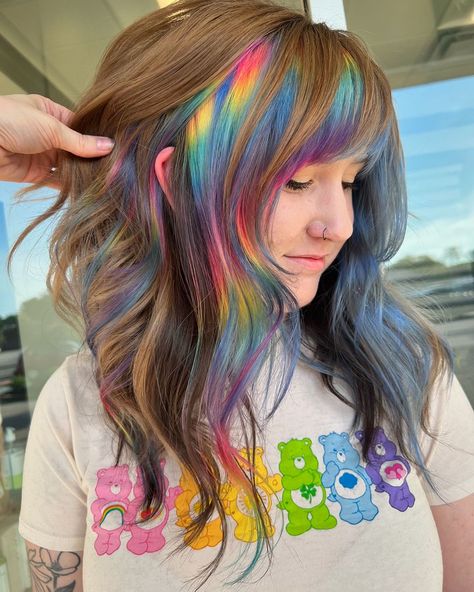 ⭐️Megan Rose Colors⭐️ | Melanie’s money piece 🌈 #pulpriot #pulpriothair #rainbow #rainbowhair #rainbowbangs #moneypiece #moneypiecehair #vividhair #brighthair… | Instagram Rainbow Peak A Boo Highlights, Rainbow Hair Streaks, Brown Hair With Rainbow Highlights, Rainbow Money Piece Hair, Rainbow Money Piece, Rainbow Balayage, Rainbow Hair Highlights, Diy Hair Growth Spray, Rainbow Hair Colors