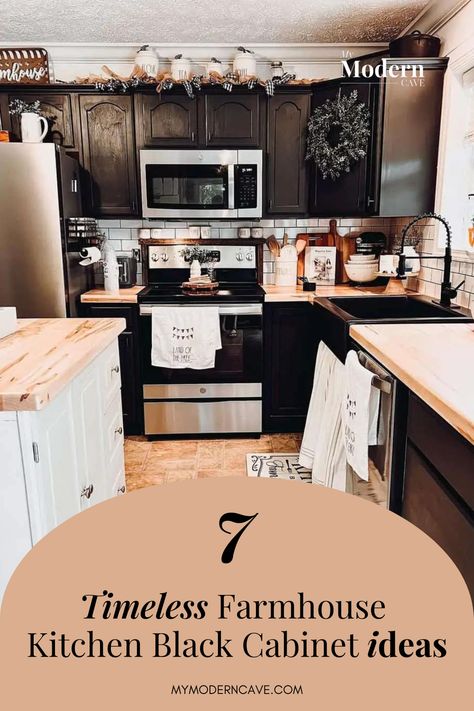 Looking to add a touch of modern elegance to your farmhouse kitchen? Check out these 7 ideas on how you can incorporate black cabinets into your space. From sleek matte finishes to classic shaker styles, there's something for every farmhouse aesthetic. Whether you're going for a bold look or a subtle contrast, these ideas will inspire you to revamp your kitchen with a contemporary twist. Farmhouse Kitchen Cupboard Ideas, Modern Farmhouse Kitchen Black Cabinets, Modern Farmhouse Kitchen With Black Cabinets, Black Cabinet Farmhouse Kitchen, Bold Farmhouse Kitchen, Black Farmhouse Kitchen Cabinets, Kitchen Paint Colors With Black Cabinets, Farmhouse Black Kitchen Cabinets, Black Kitchen Cabinets Farmhouse